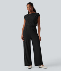 SoftlyZero™ Airy Cowl Neck Cap Sleeve Straight Leg InstantCool Casual Jumpsuit with Pockets