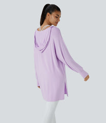 Hooded V Neck Drawstring Thumb Hole Longline Casual Sweatshirt
