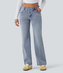 Halara Flex™ Asymmetric Low Rise Straight Leg Casual Jeans with Pockets