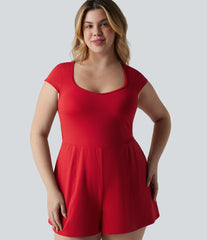 Plus Size SoftlyZero™ Airy U Neck Cap Sleeve InstantCool Yoga Romper with Pockets-Easy Peezy Edition