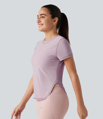 Round Neck Short Sleeve Curved Hem Breathable Mesh Yoga Sports Top
