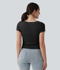 Ribbed Boat Neck Short Sleeve Ruched Built-in Bra Casual Slim T-Shirt