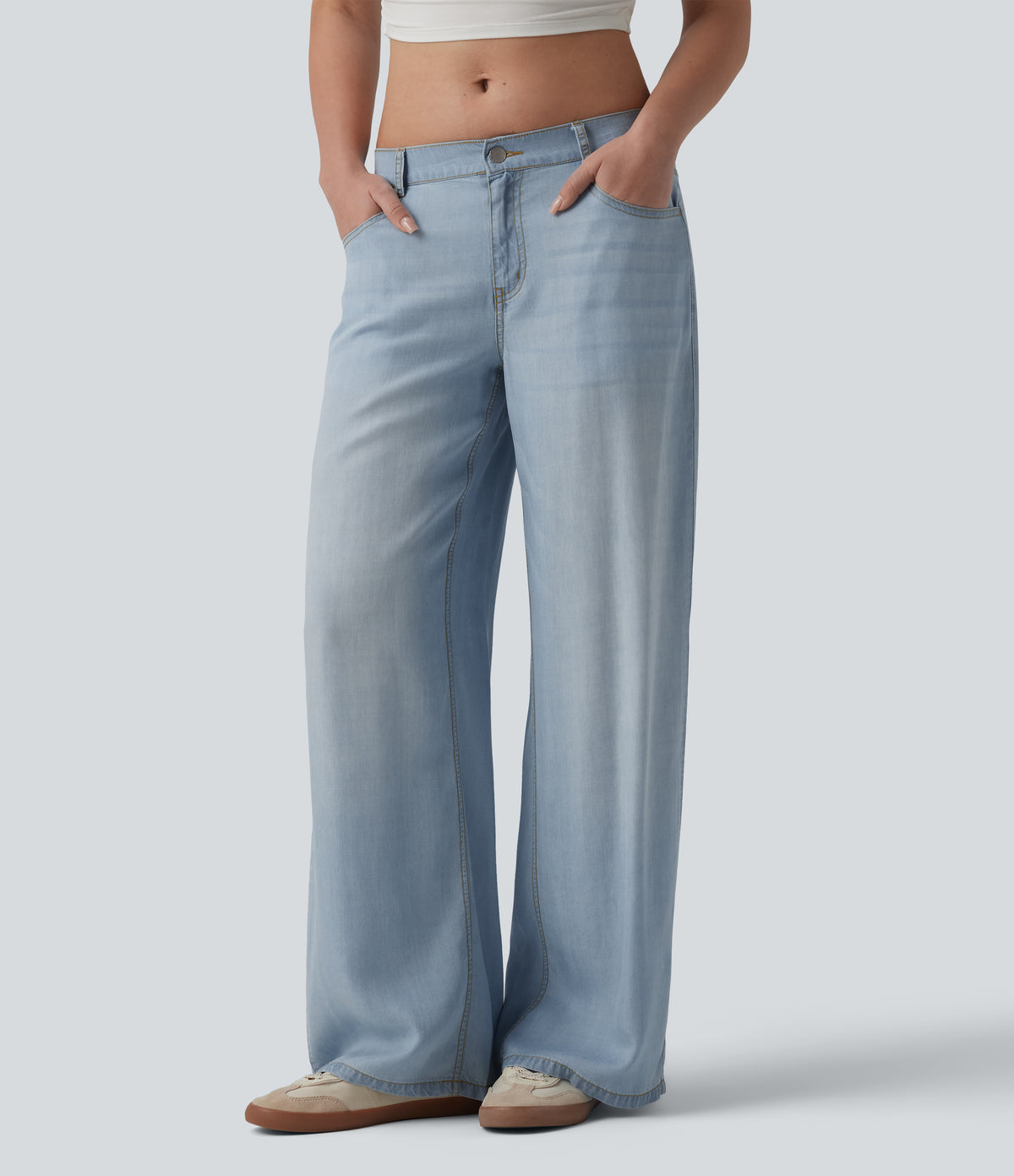 Low Rise Draped Casual Wide Leg Jeans with Pockets