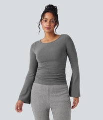 Boat Neck Long Sleeve Ruched Thermal Casual Top