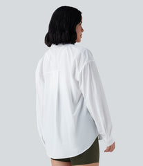 Collar Long Sleeve Curved Hem Hiking Shirt with Pocket-UPF40+