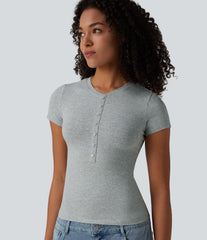 Halara Cotton Jersey Henley Short Sleeve Ultra-slim Casual T-Shirt