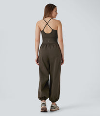 Water Repellent Crisscross Backless Side Pockets Ripstop Hiking Cargo Jumpsuit