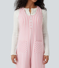 U-Neck Sleeveless Stripe Waffle Casual Jumpsuit with Pockets
