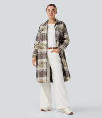 Long Sleeve Plaid Longline Casual Sherpa Jacket with Pockets
