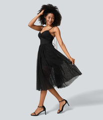 V Neck Ruched Lace Up Contrast Mesh Midi Casual Dress