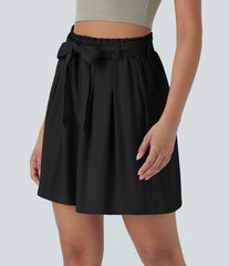 High Waisted Belted Casual Linen-Feel Bermuda Shorts with Pockets