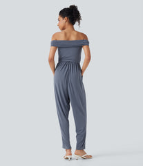 Off Shoulder Back Zipper Casual Jumpsuit with Pockets-Easy Peezy