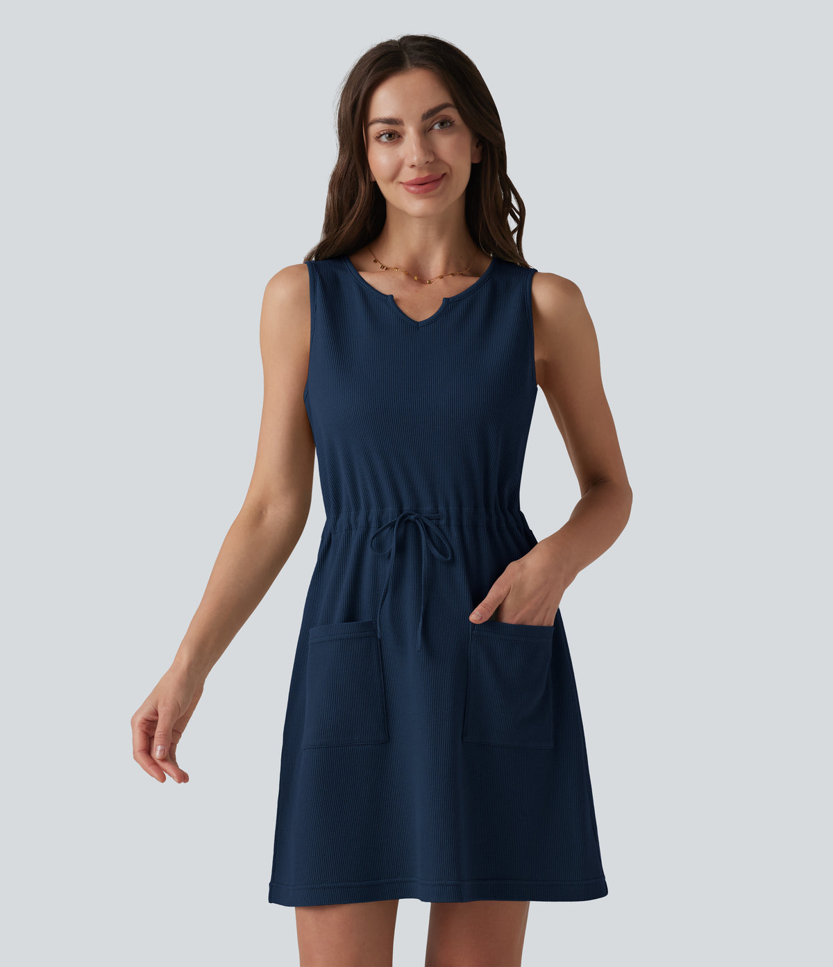 Notched Sleeveless Drawstring Waffle Mini Dress with Pockets