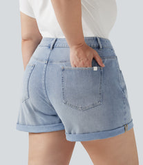 Plus Size Halara Flex™ Asymmetric High Waisted Rolled Hem Washed Denim Casual Shorts with Pockets