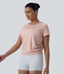 Round Neck Short Raglan Sleeve Cut-out Back Ruched Yoga Sports Top