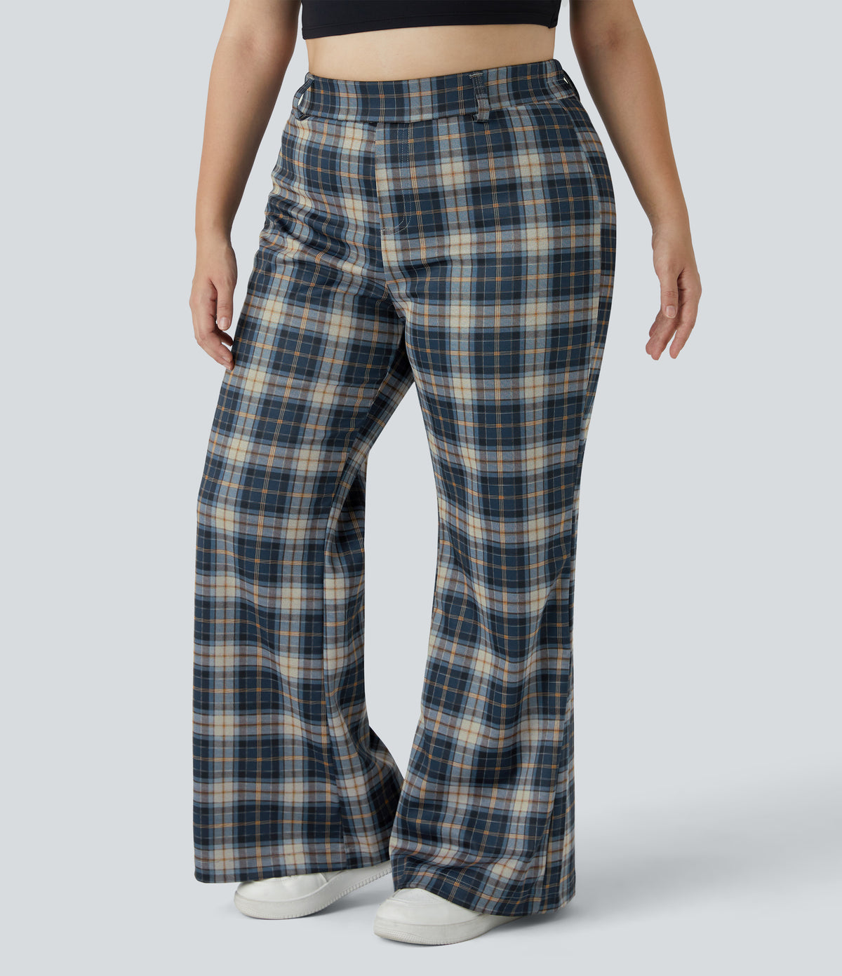 High Waisted Plaid Plus Size Wide Leg Casual Pants