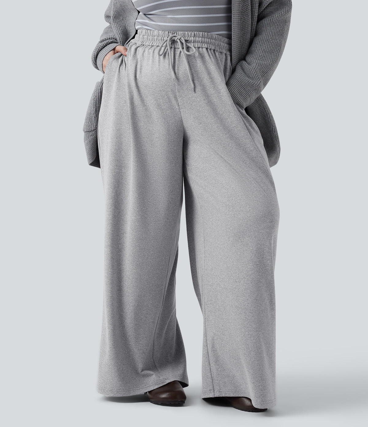 Plus Size High Waisted Drawstring Wide Leg Casual Pants with Pockets