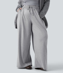 Plus Size High Waisted Drawstring Wide Leg Casual Pants with Pockets