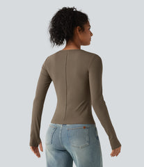Ribbed Knit Round Neck Long Sleeve Thumb Holes Cut-out Casual T-Shirt