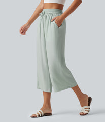 High Waisted Drawstring Wide Leg Cropped Casual Linen-Blend Pants with Pockets