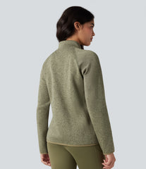 Stand Collar Long Sleeve Zip Fly Hiking Fleece Heathered Jacket with Pockets