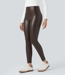 High Waisted Tummy Control Stretchy PU Fleece 7/8 Skinny Casual Leggings with Pockets