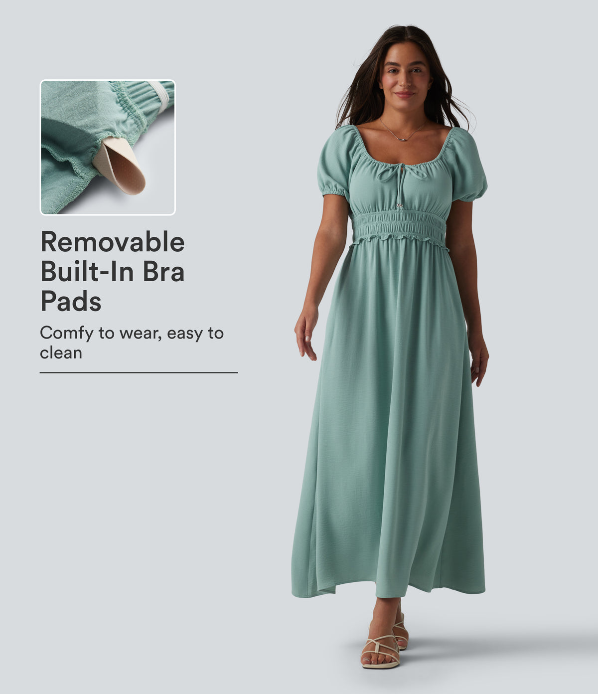 Square Neck Puff Sleeve Shirred Built-in Bra Maxi Casual Flowy Linen-Feel Dress with Pockets