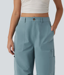 High Waisted Straight Leg Stretchy Poplin Casual Cargo Pants with Pockets