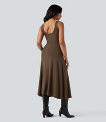 U-Neck Sleeveless Midi Flowy Party Dress with Pockets