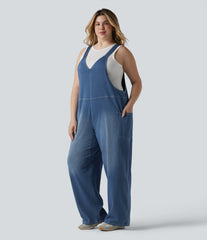 Halara Flex™ V Neck Washed Denim Casual Plus Size Overalls with Pockets