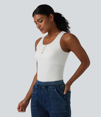 Ribbed Knit Round Neck Built-in Bra Casual Tank Top