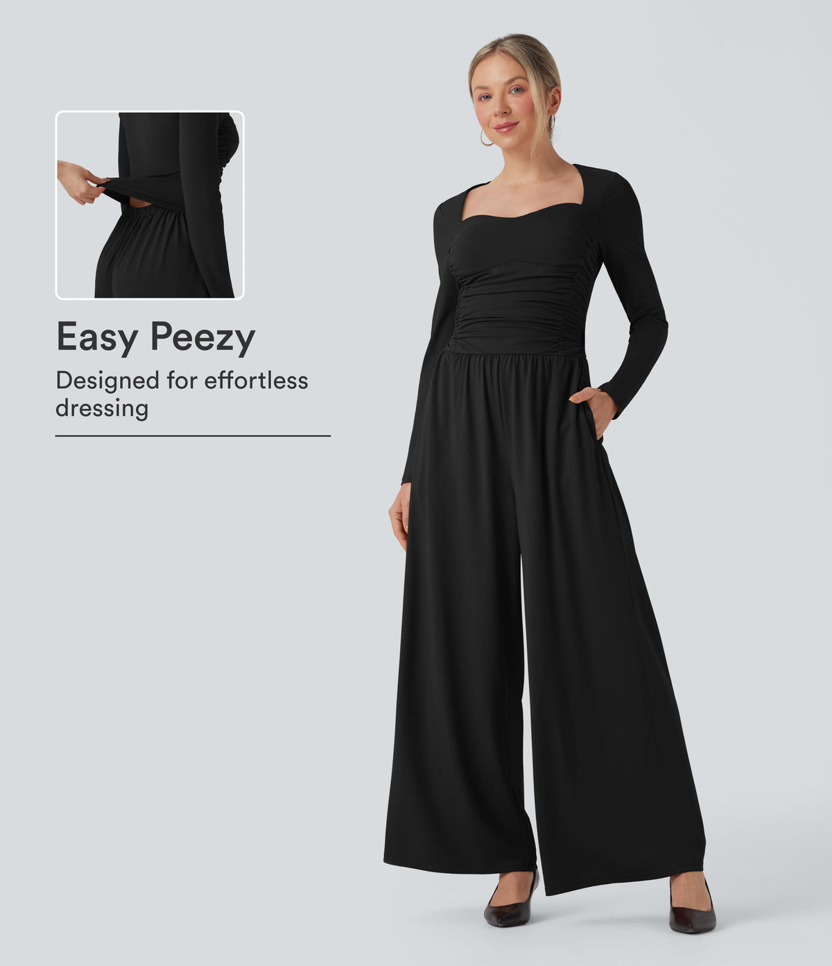 Sweetheart Neck Long Sleeve Ruched Casual Jumpsuit with Pockets-Easy Peezy Edition