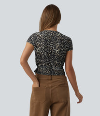 Deep V-neck Short Sleeve Wrap Tie Leopard Print Casual T-Shirt