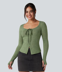 Scoop Neck Tie Front Long Sleeve Thumb Hole Casual Top