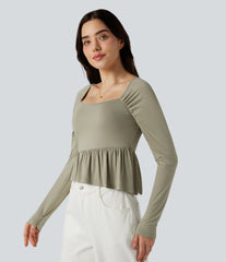Square Neck Long Sleeve Ruffle Hem Casual T-Shirt