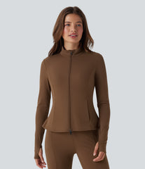 DayStretch Stand Collar Zipper Thumb Hole Ruffle Hem Slim Jacket with Pockets