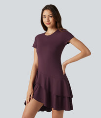 SoftlyZero™ Airy Round Neck Short Sleeve Layered Ruffle Hem InstantCool Mini Casual Dress