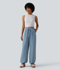 High Waisted Drawstring Wide Leg Casual Linen-Feel Joggers with Pockets