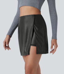 SoftlyZero™ Faux Leather High Waisted Hem 2-in-1 Pocket Sparkle Foil Print Stretchy Bodycon Mini Skirt