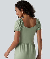 V Neck Puff Short Sleeve Non-Removable Pad Corset Jumpsuit with Pockets