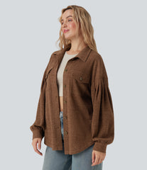 Long Sleeve Curved Hem Knit Waffle Casual Jacket with Pockets