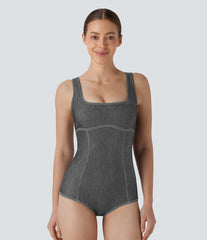 Halara Flex™ Square Neck Racerback InstantCool Washed Denim Tennis Bodysuit