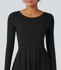 Scoop Neck Long Sleeve Flare Maxi Casual Dress with Pockets
