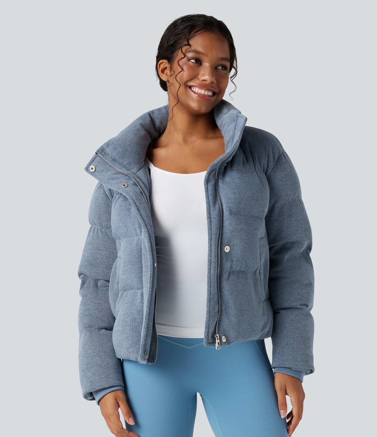 High Neck Drawstring Hem Sparkle Casual Puffer Jacket with Pockets