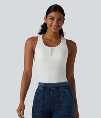 Ribbed Knit Round Neck Built-in Bra Casual Tank Top