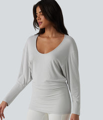 U-neck Batwing Long Sleeve Ruched Yoga Top