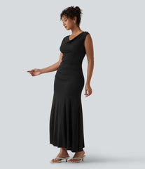 Ribbed Cowl Neck Sleeveless Maxi Casual Dress