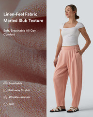 Mid Rise Barrel Leg Casual Linen-Feel Pants with Pockets