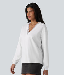 V-neck Contrast Lace Long Sleeve Casual Pima Cotton T-Shirt