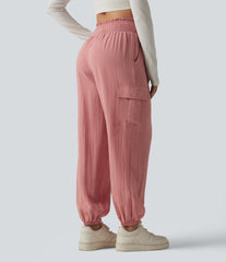 High Waisted Shirred Linen-Feel Casual Cargo Joggers with Pockets